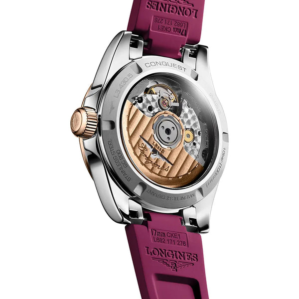 Reloj Longines Conquest 2T automático 34 mm con correa de caucho color vino
