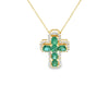 Cruz con cadena en oro amarillo de 14K con 0.32 ct en diamantes y 1.1 ct en esmeraldas