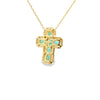 Cruz con cadena en oro amarillo de 14K con 0.32 ct en diamantes y 1.1 ct en esmeraldas