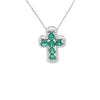 Cruz con cadena en oro blanco de 14K con 0.32 ct de diamantes y 1.1 ct en esmeraldas