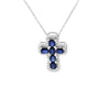 Cruz con cadena en oro blanco de 14K con 0.33 ct en diamantes y 1.39 ct de zafiro