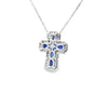 Cruz con cadena en oro blanco de 14K con 0.33 ct en diamantes y 1.39 ct de zafiro