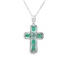 Cruz con cadena en oro blanco de 14K con 0.48 ct en diamantes y 3.81 ct de esmeraldas