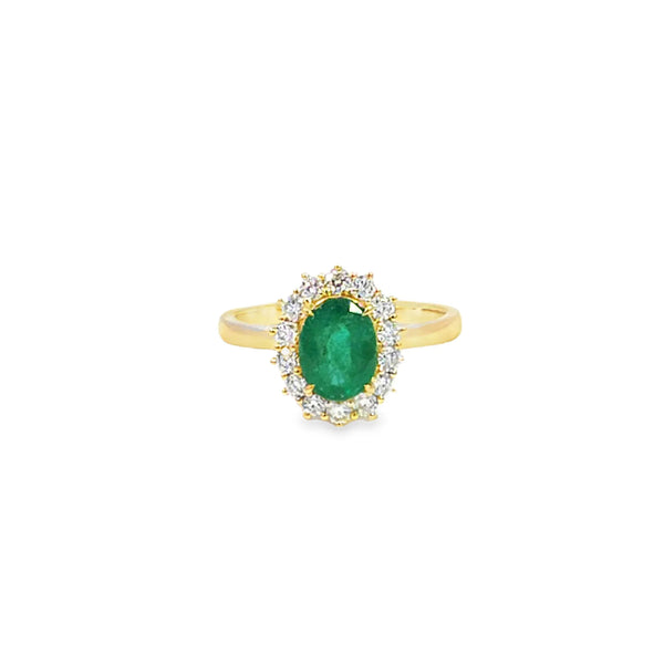 Anillo dama en oro amarillo de 18K con diamante de 0.38CT y esmeralda de 1.10CT