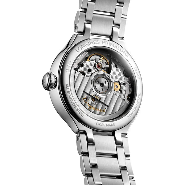 Reloj Longines Primaluna en acero automático 34 mm con diamantes brillantes