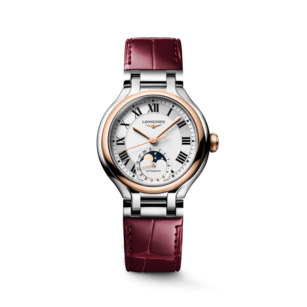 Reloj Longines PrimaLuna bicolor automático de 34 mm con fases lunares y piel