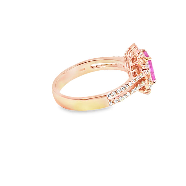 Anillo de dama en oro de 14K con diamante de 0.62 ct y zafiro rosa de 0.75 ct