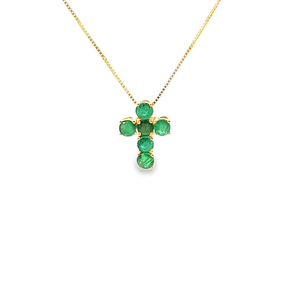 Cruz con cadena en oro de 14K OA con diamante de 0.65 ct y esmeralda