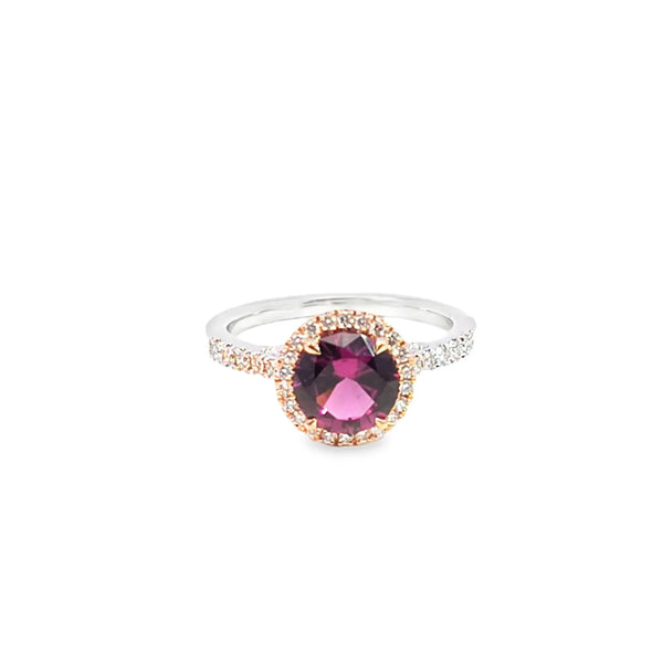 Anillo de dama en oro de 14K OB con diamante de 0.60 ct y garnet de 1.58 ct