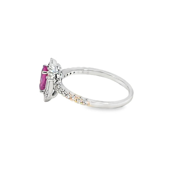 Anillo para dama en oro blanco de 14K con diamantes de 0.46 ct y zafiro rosa de 0.96 ct