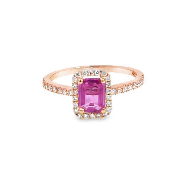 Anillo para dama en oro amarillo de 14K con diamantes de 0.17 ct y zafiro rosa de 1.28 ct