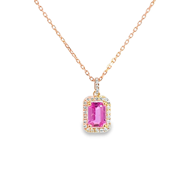 Dije con cadena en oro amarillo de 14K con diamantes de 0.17 ct y zafiro rosa de 1.28 ct