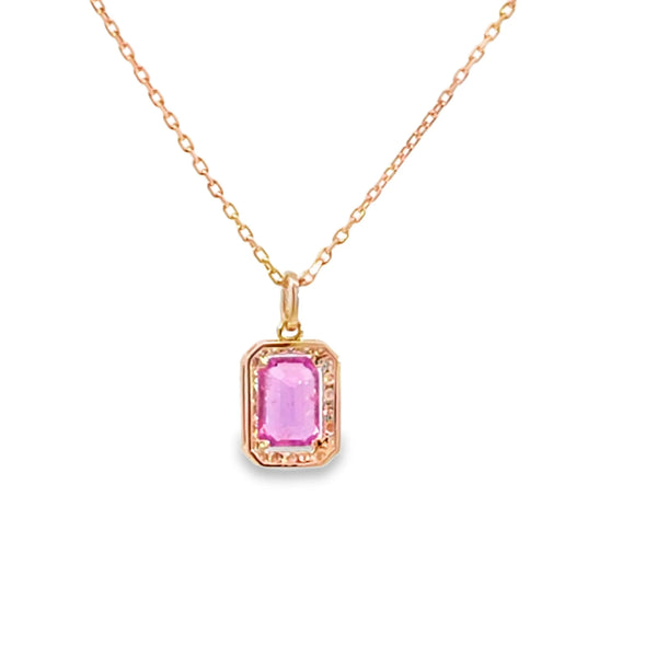 Dije con cadena en oro amarillo de 14K con diamantes de 0.17 ct y zafiro rosa de 1.28 ct