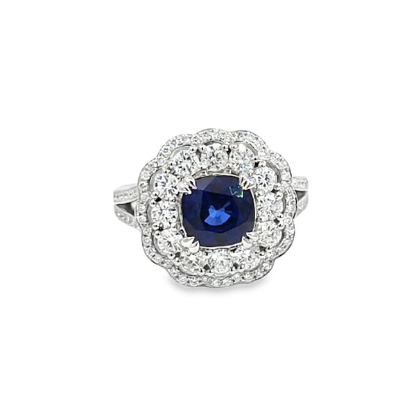 Anillo para dama en oro blanco de 14K con diamantes de 1.21 ct y zafiro de 2.25 ct