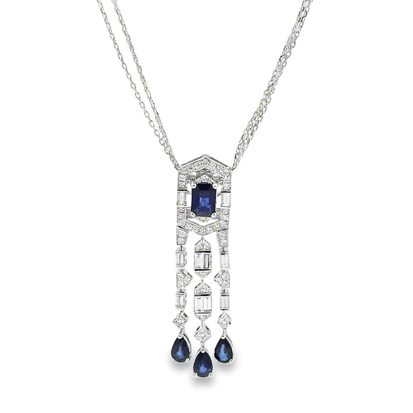 Dije con cadena en oro blanco de 14K con diamantes de 1.07 ct y zafiro de 2.18 ct