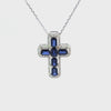 Cruz con cadena en oro blanco de 14K con 0.36 ct de diamantes y 2.23 ct de zafiros